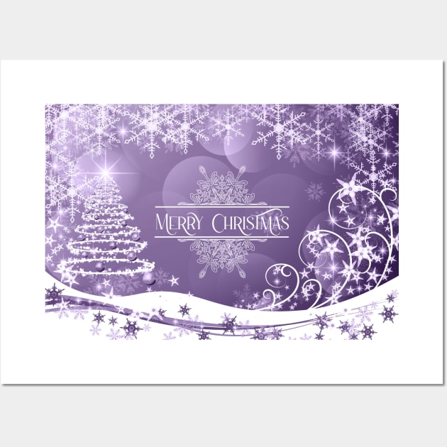Pretty Xmas Tree and Snowflakes and Merry Christmas Greeting - on Mauve Wall Art by karenmcfarland13